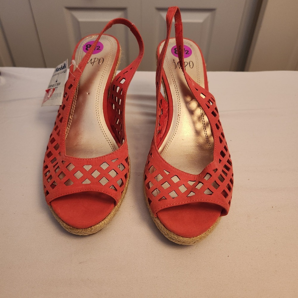 Impo Red Laser Cut Espadrille Wedge Sandals Slingback Peep Toe Women 8.5 NEW